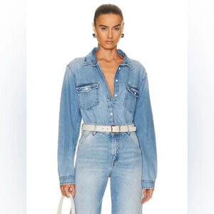 Frame Double Pocket Button Down Shirt Distressed  Denim